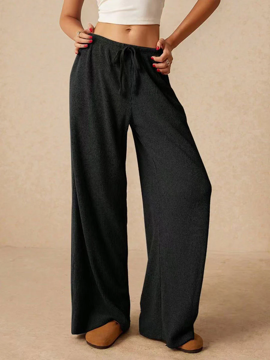 Elasticated Waist High Waisted Drawstring Solid Color Split-Joint Pants Trousers - Image 2