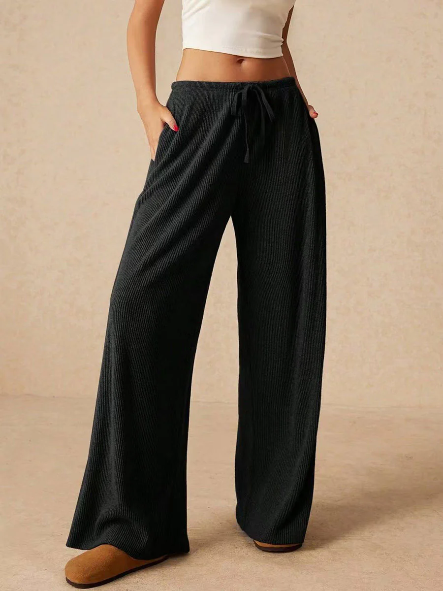 Elasticated Waist High Waisted Drawstring Solid Color Split-Joint Pants Trousers - Image 3