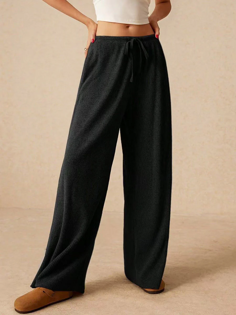 Elasticated Waist High Waisted Drawstring Solid Color Split-Joint Pants Trousers - Image 4