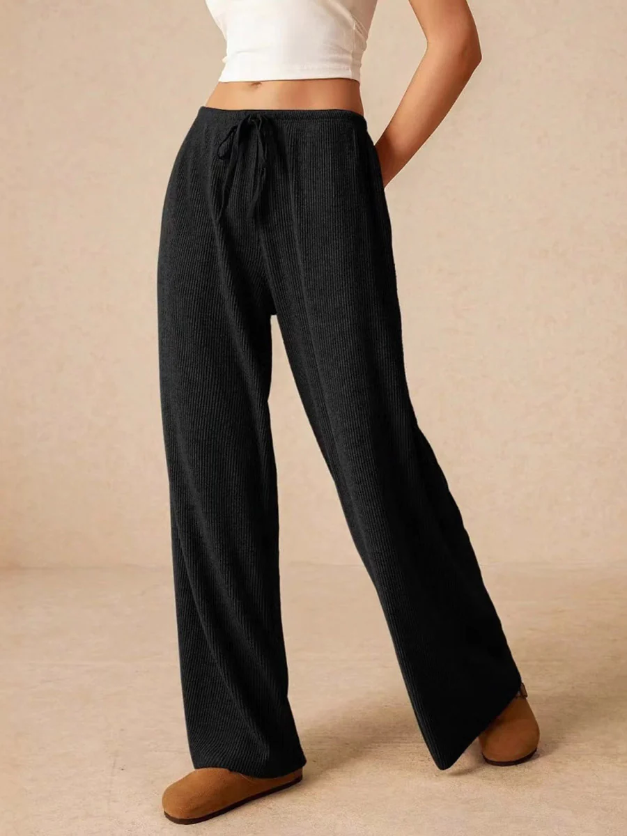 Elasticated Waist High Waisted Drawstring Solid Color Split-Joint Pants Trousers - Image 5