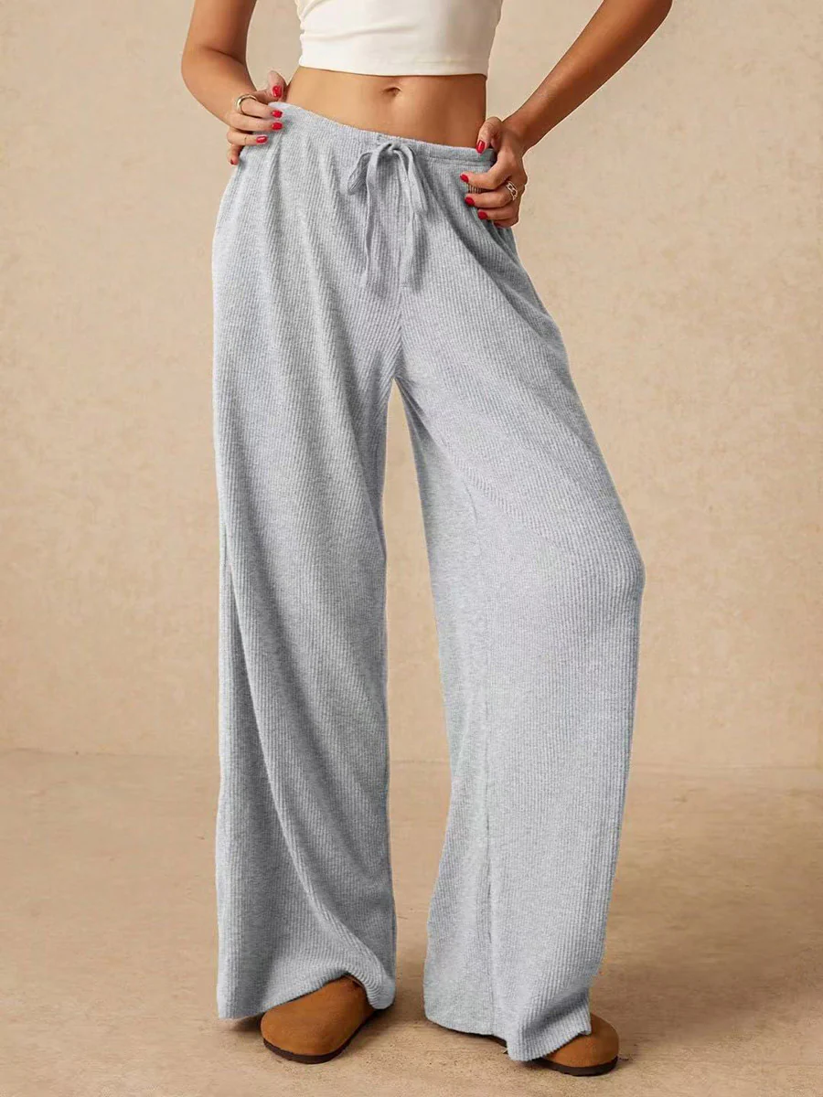 Elasticated Waist High Waisted Drawstring Solid Color Split-Joint Pants Trousers - Image 7