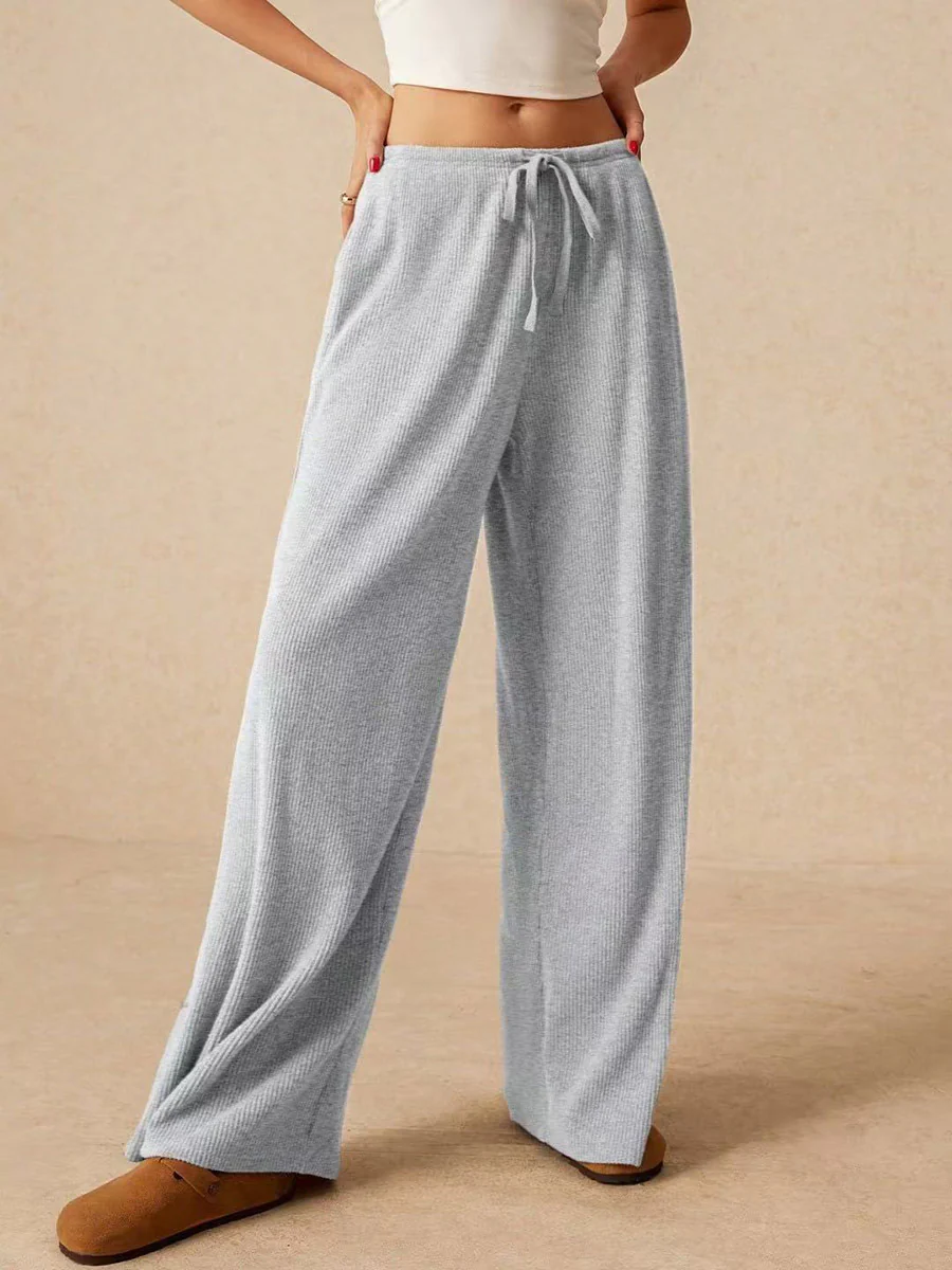 Elasticated Waist High Waisted Drawstring Solid Color Split-Joint Pants Trousers - Image 8