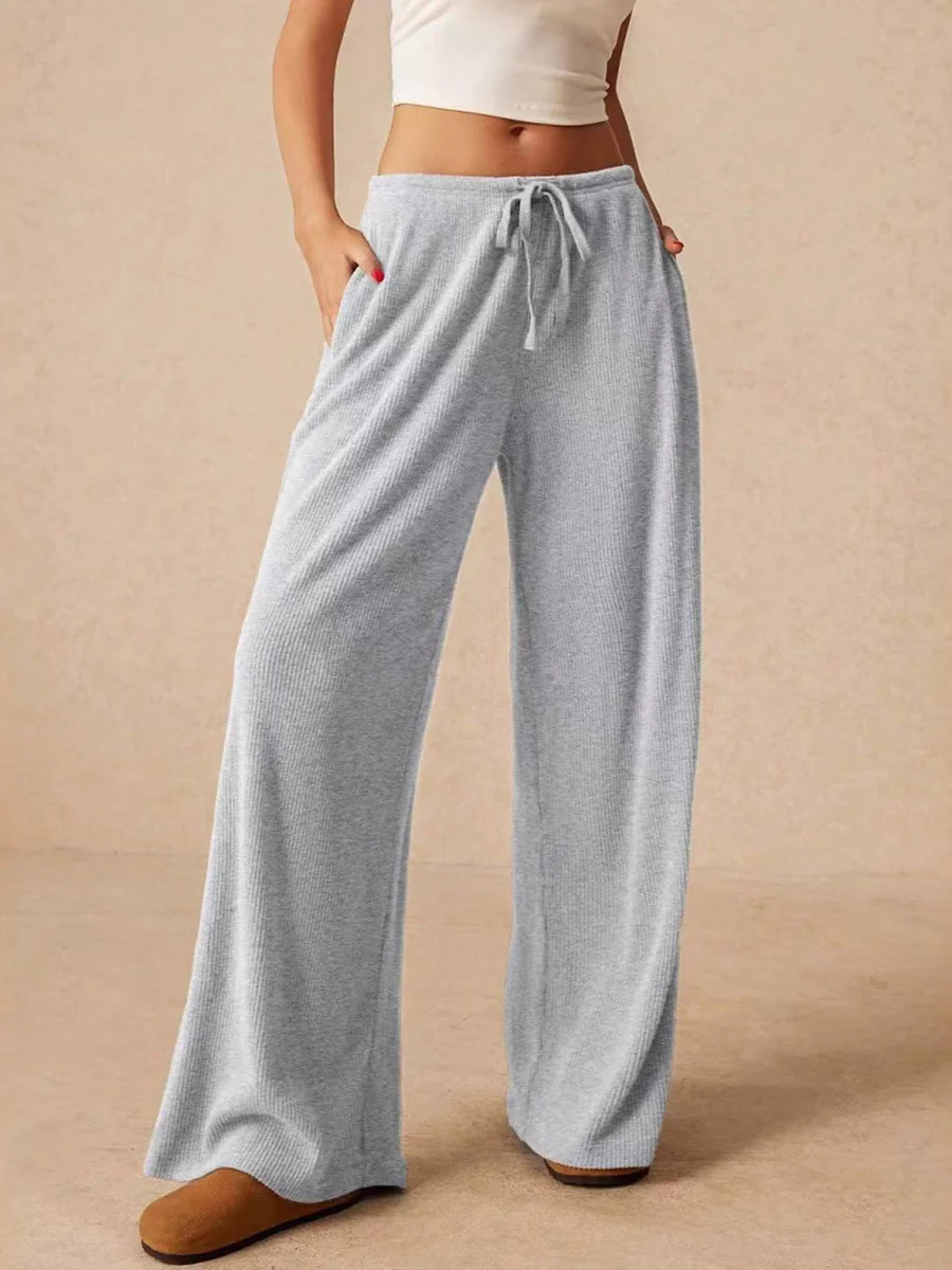 Elasticated Waist High Waisted Drawstring Solid Color Split-Joint Pants Trousers - Image 9