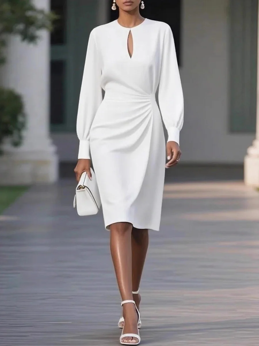 Elasticated Waist High Waisted Hollow Pleated Solid Color Round-Neck Midi Dresses - Image 2