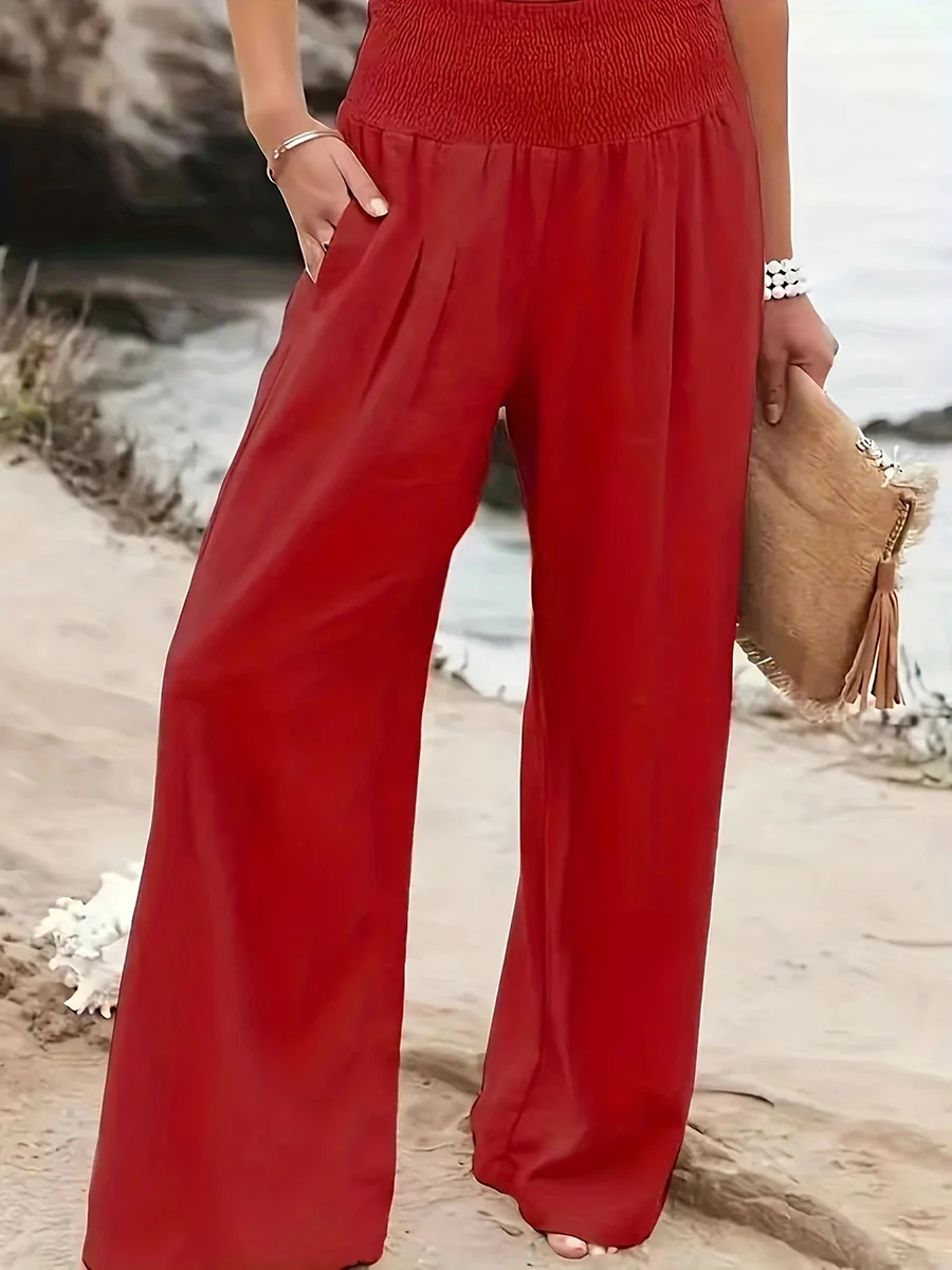 Elasticated Waist High Waisted Pleated Pockets Solid Color Split-Joint Pants