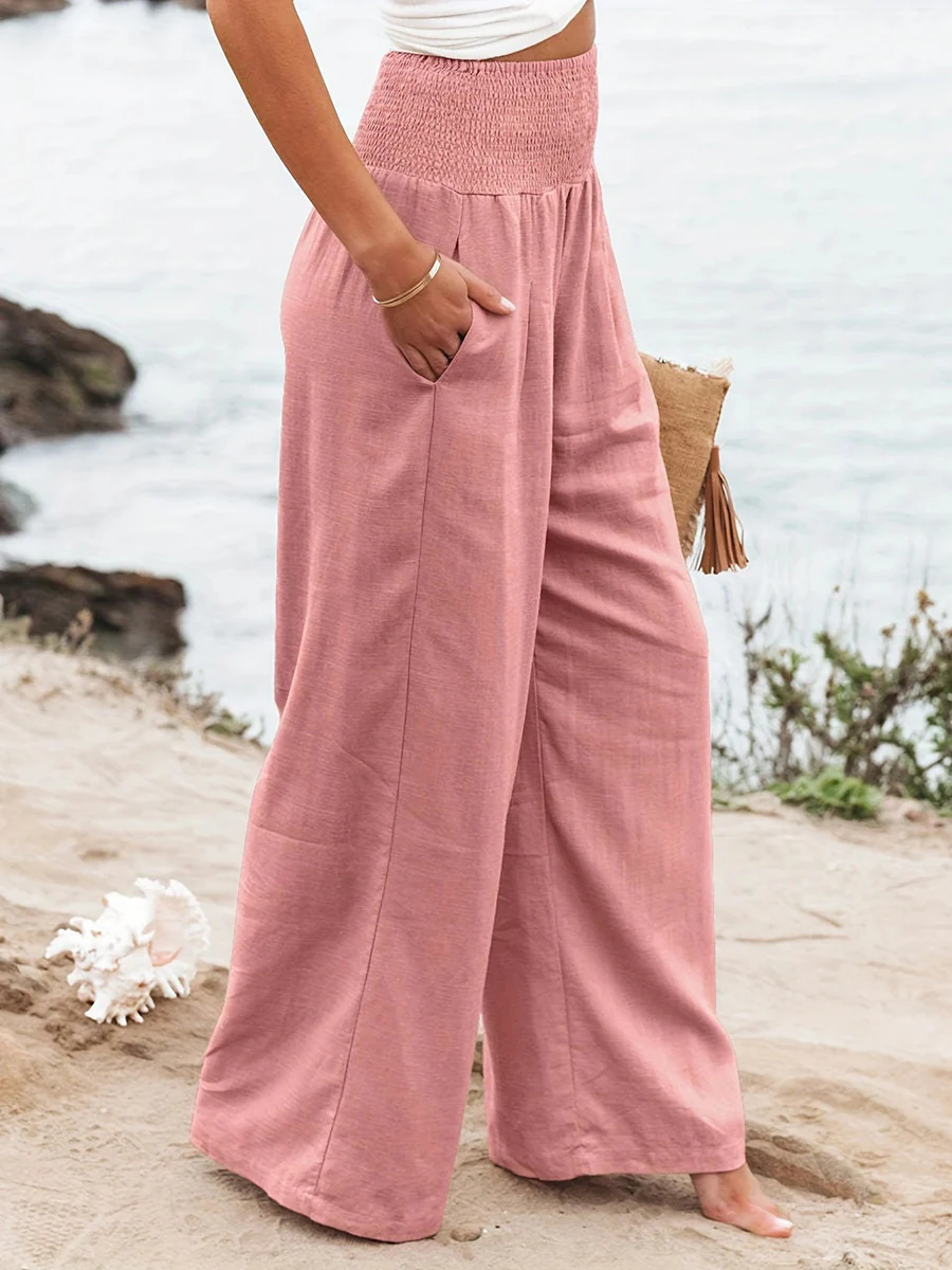 Elasticated Waist High Waisted Pleated Pockets Solid Color Split-Joint Pants - Image 10