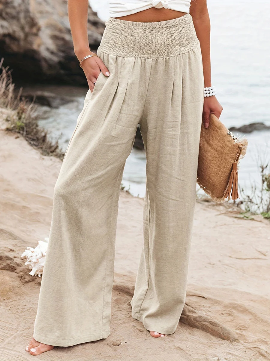 Elasticated Waist High Waisted Pleated Pockets Solid Color Split-Joint Pants - Image 11