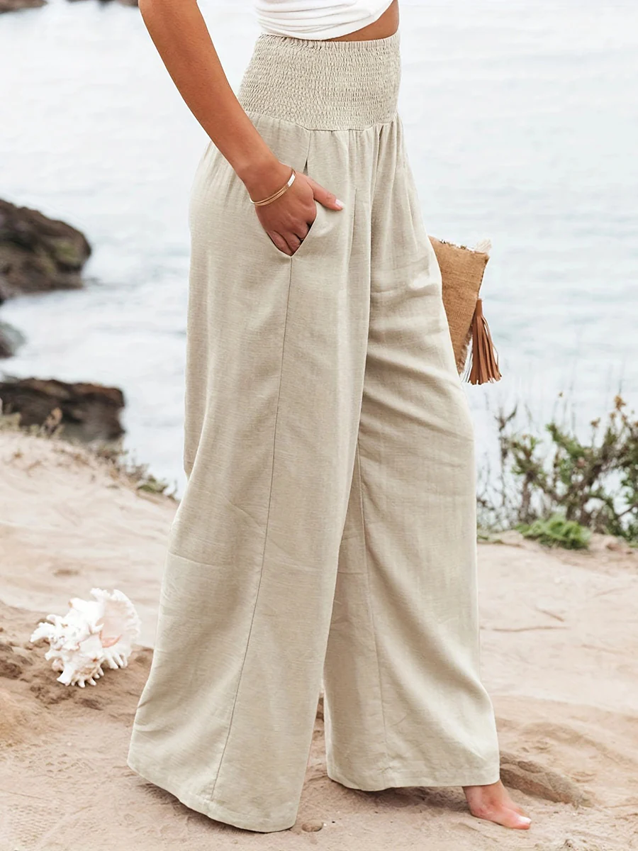 Elasticated Waist High Waisted Pleated Pockets Solid Color Split-Joint Pants - Image 12