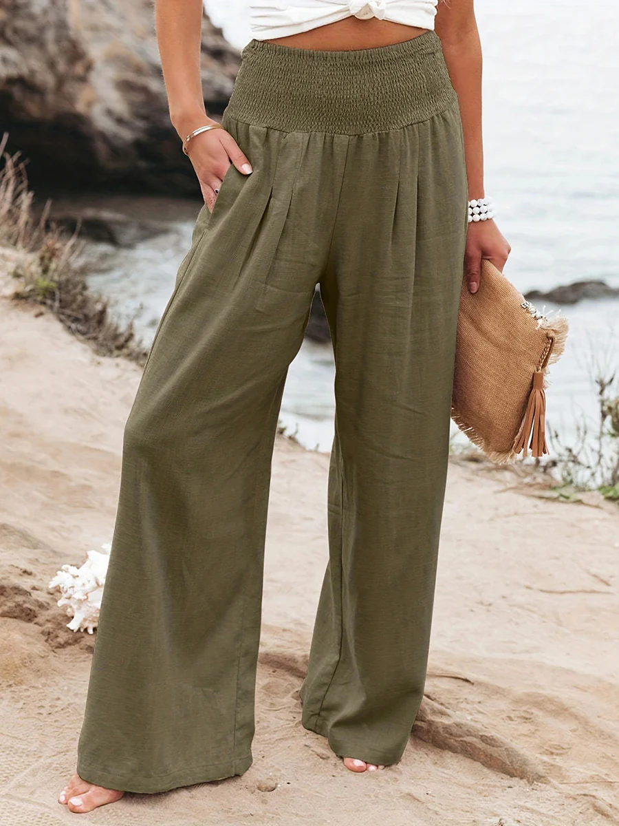 Elasticated Waist High Waisted Pleated Pockets Solid Color Split-Joint Pants - Image 13