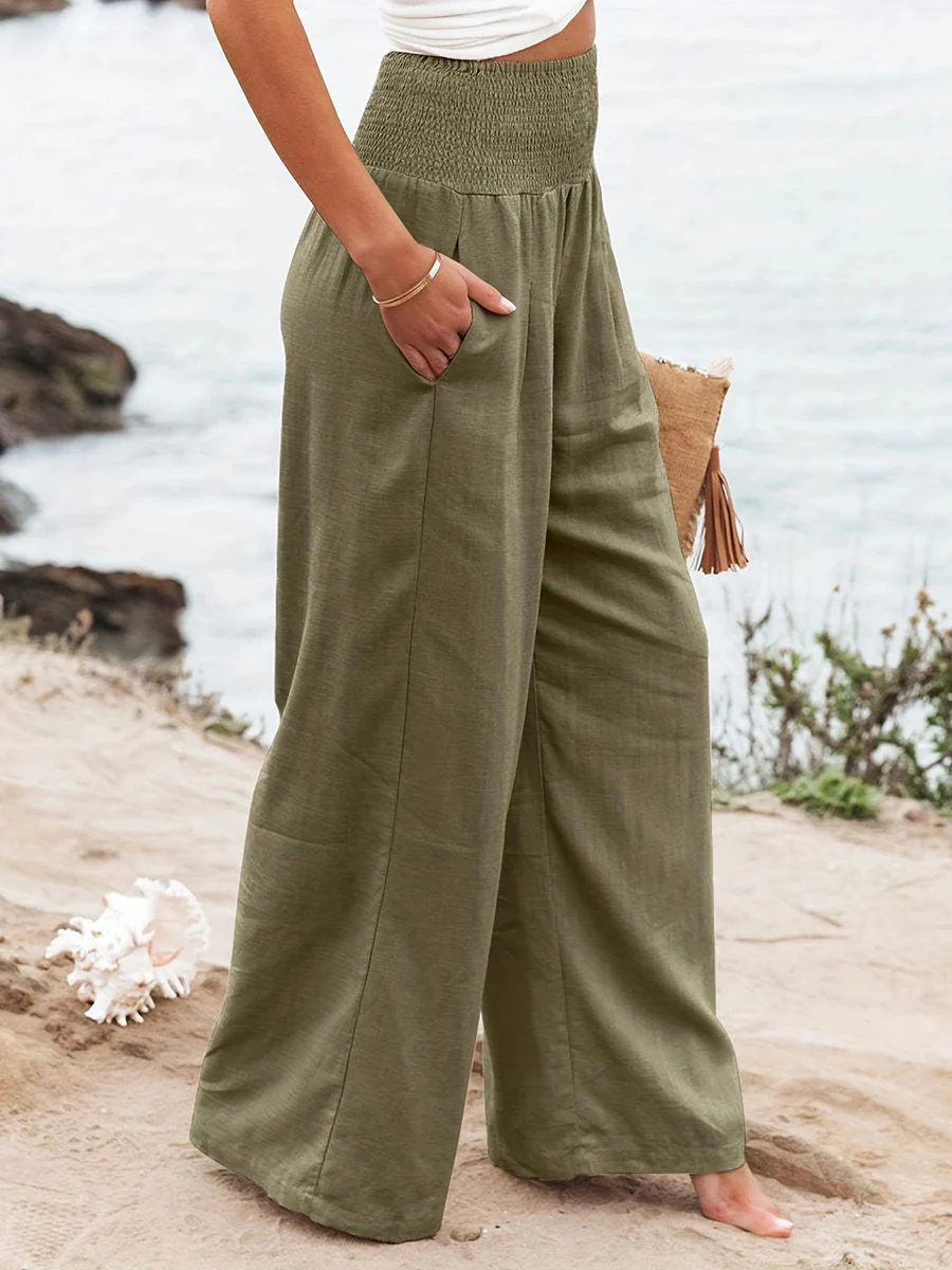 Elasticated Waist High Waisted Pleated Pockets Solid Color Split-Joint Pants - Image 14