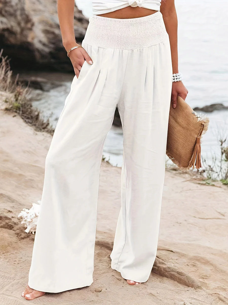 Elasticated Waist High Waisted Pleated Pockets Solid Color Split-Joint Pants - Image 15