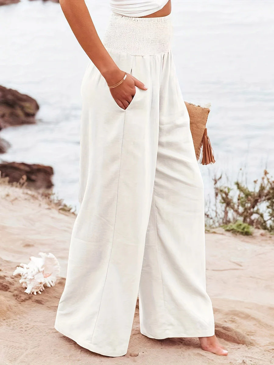 Elasticated Waist High Waisted Pleated Pockets Solid Color Split-Joint Pants - Image 16