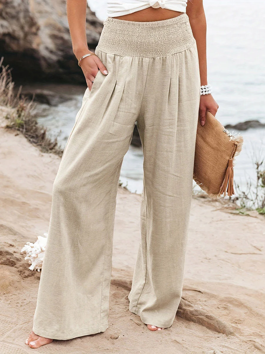 Elasticated Waist High Waisted Pleated Pockets Solid Color Split-Joint Pants - Image 17