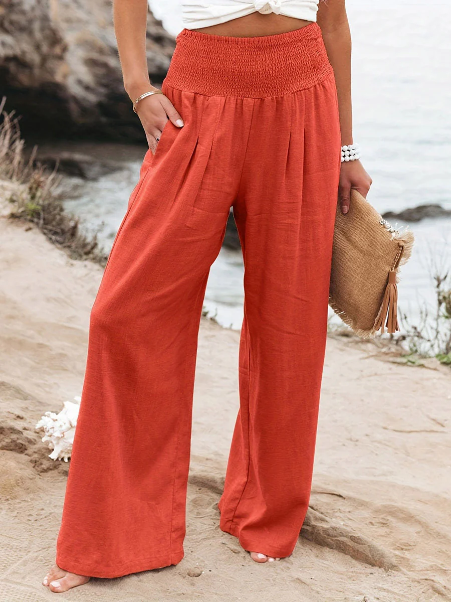 Elasticated Waist High Waisted Pleated Pockets Solid Color Split-Joint Pants - Image 19