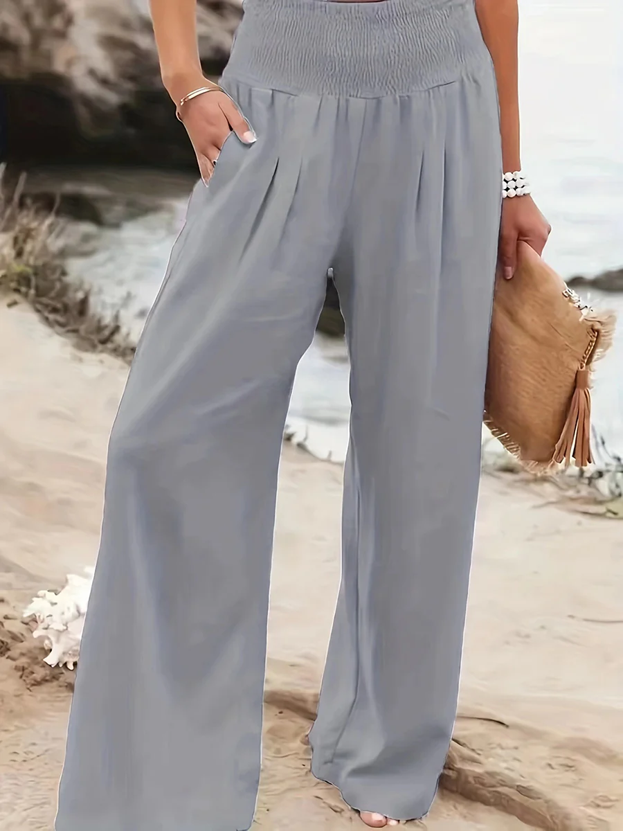 Elasticated Waist High Waisted Pleated Pockets Solid Color Split-Joint Pants - Image 2
