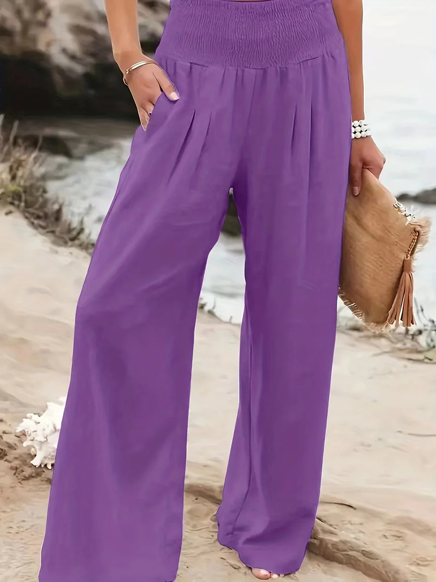 Elasticated Waist High Waisted Pleated Pockets Solid Color Split-Joint Pants - Image 20
