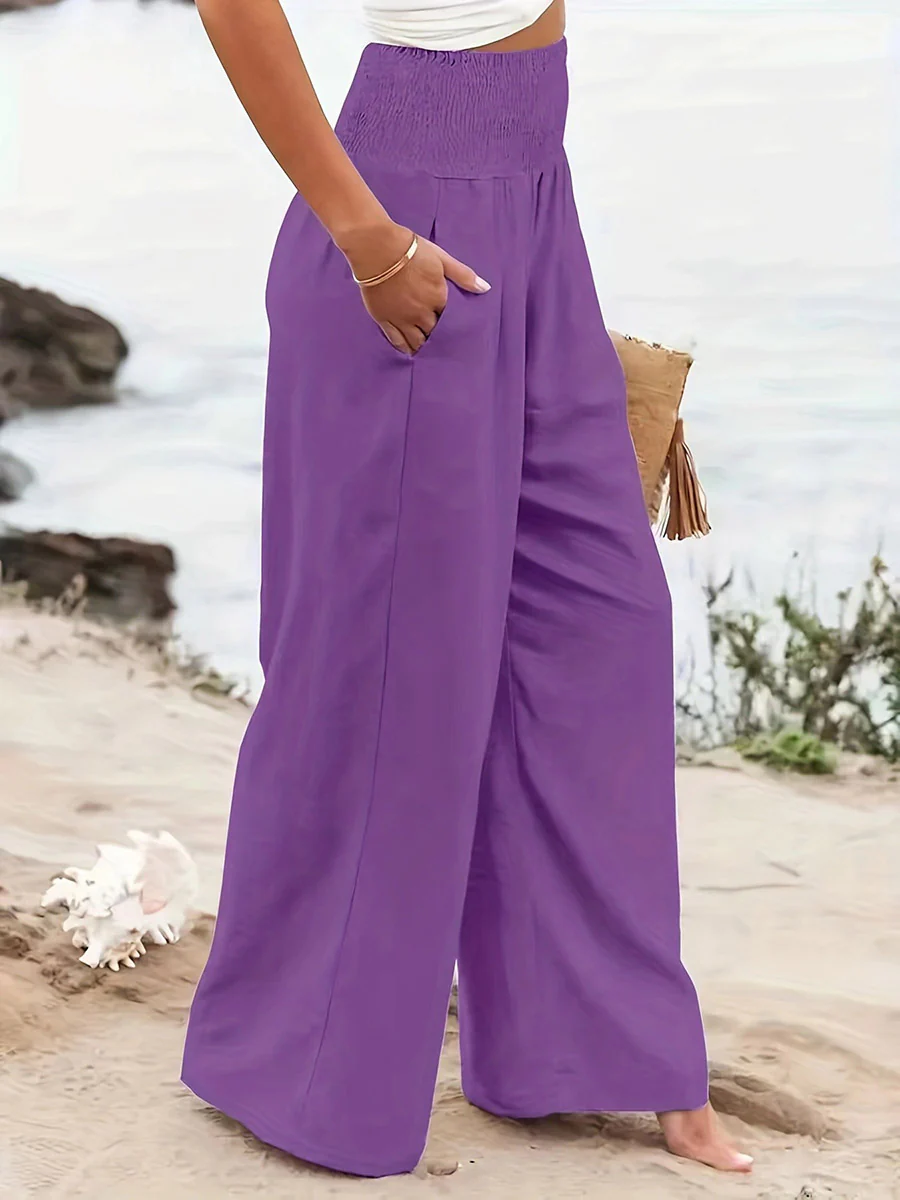 Elasticated Waist High Waisted Pleated Pockets Solid Color Split-Joint Pants - Image 21