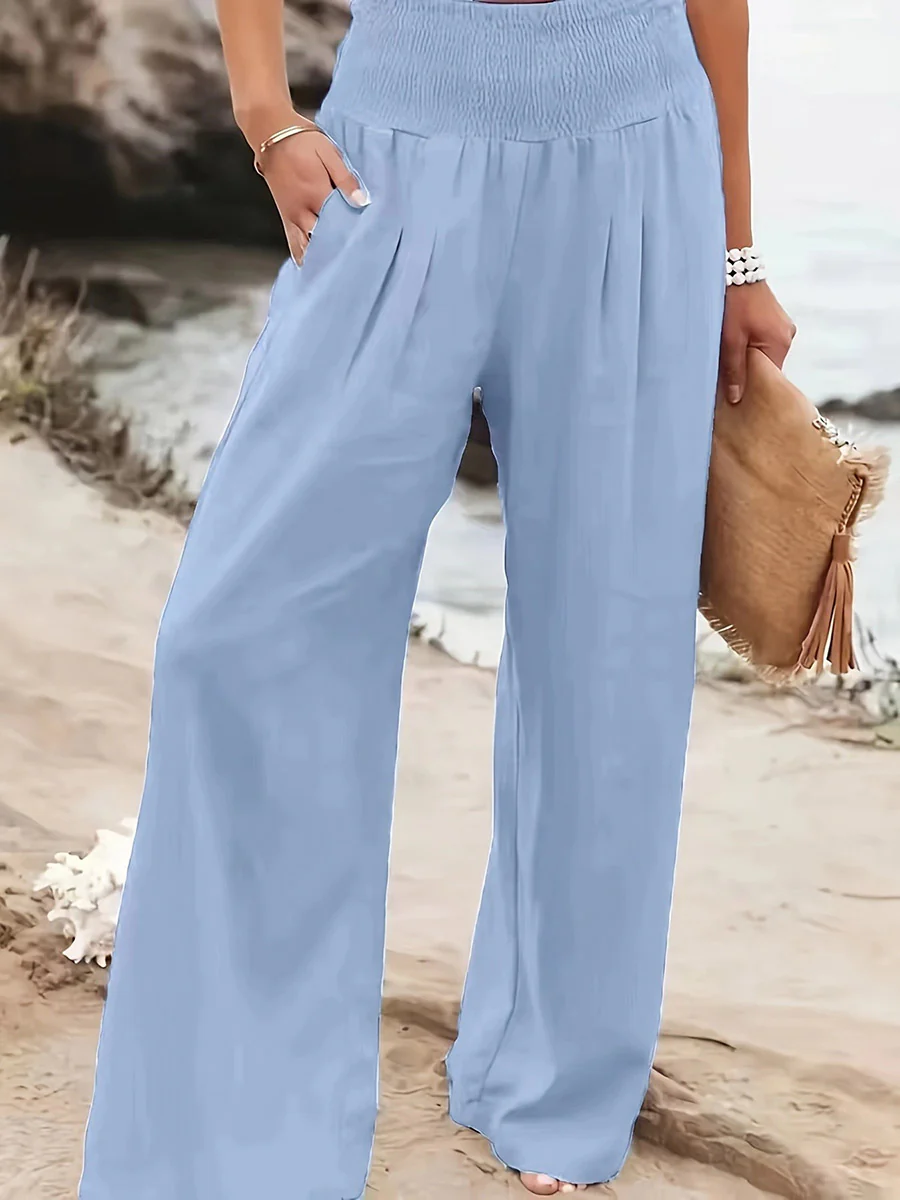 Elasticated Waist High Waisted Pleated Pockets Solid Color Split-Joint Pants - Image 22