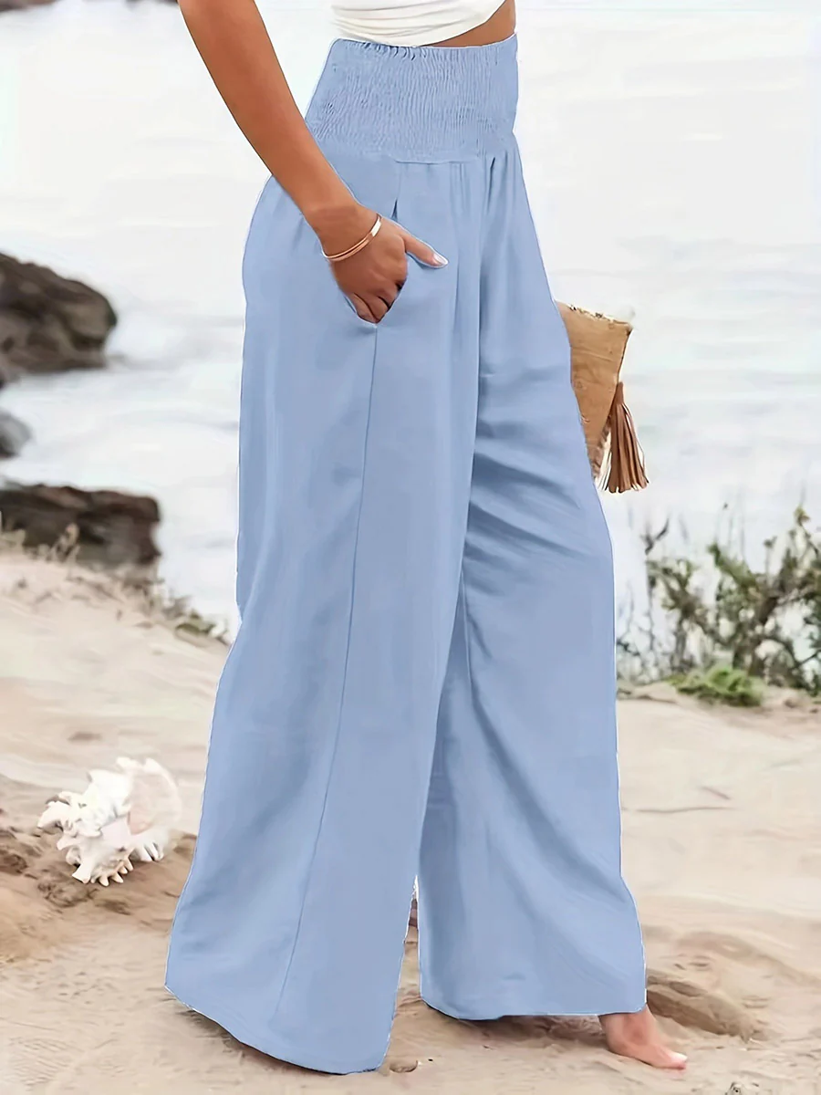 Elasticated Waist High Waisted Pleated Pockets Solid Color Split-Joint Pants - Image 23