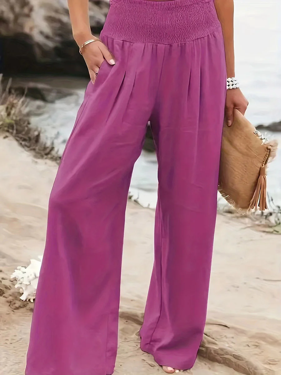 Elasticated Waist High Waisted Pleated Pockets Solid Color Split-Joint Pants - Image 24