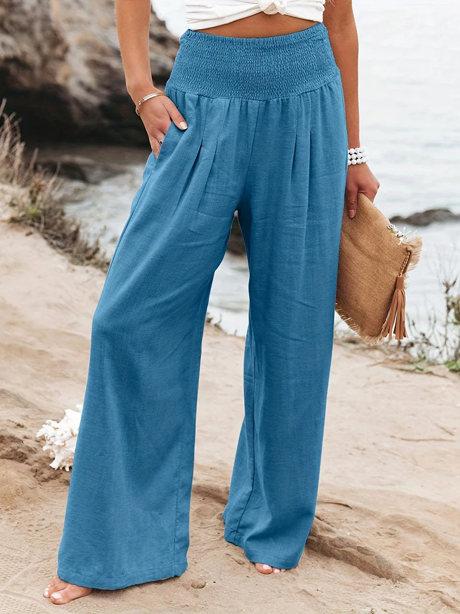 Elasticated Waist High Waisted Pleated Pockets Solid Color Split-Joint Pants - Image 3