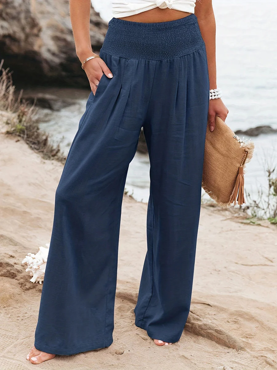 Elasticated Waist High Waisted Pleated Pockets Solid Color Split-Joint Pants - Image 5