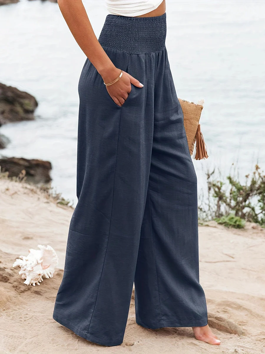 Elasticated Waist High Waisted Pleated Pockets Solid Color Split-Joint Pants - Image 6