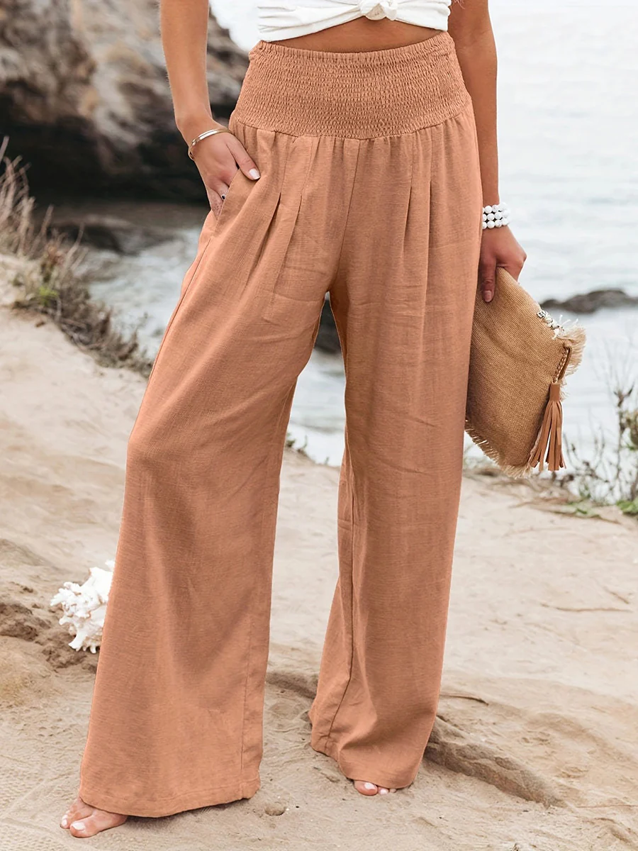 Elasticated Waist High Waisted Pleated Pockets Solid Color Split-Joint Pants - Image 7