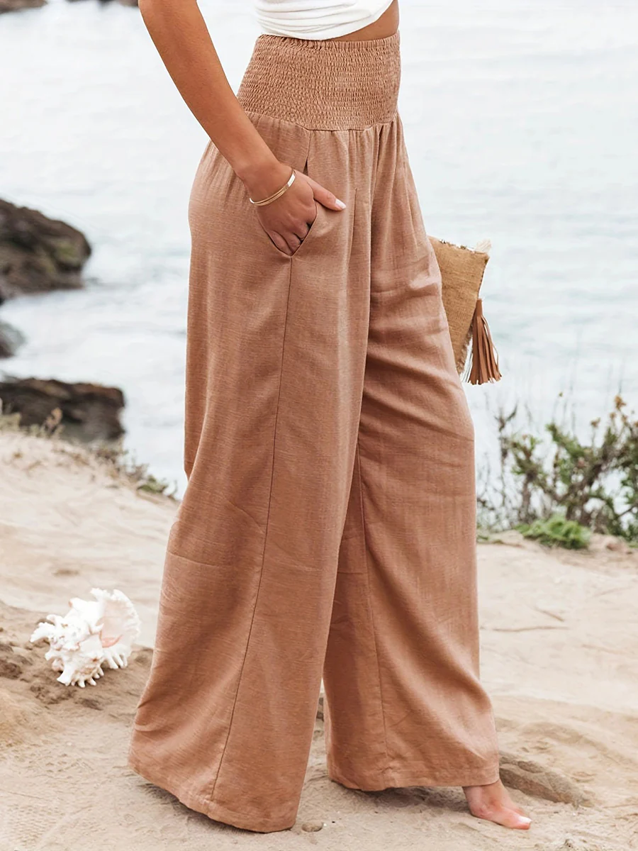 Elasticated Waist High Waisted Pleated Pockets Solid Color Split-Joint Pants - Image 8