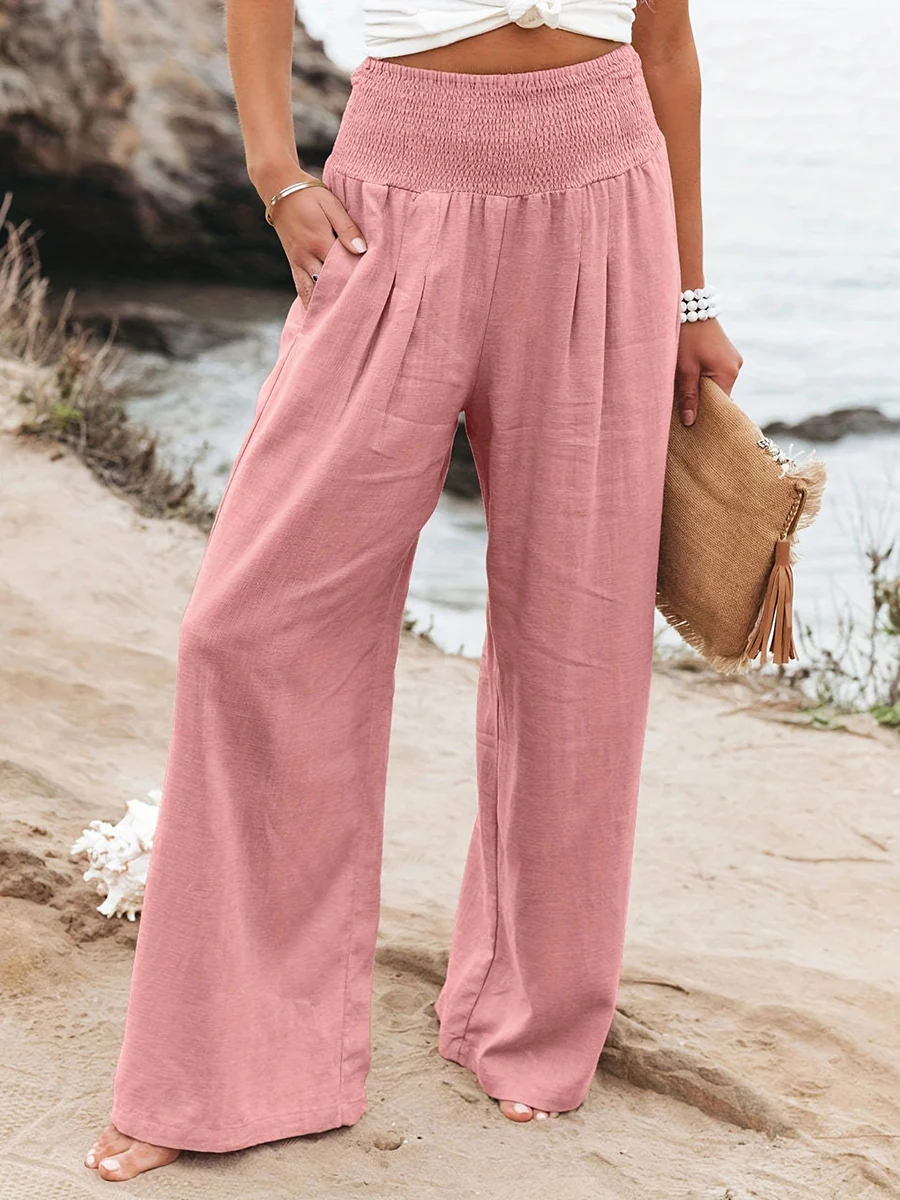 Elasticated Waist High Waisted Pleated Pockets Solid Color Split-Joint Pants - Image 9