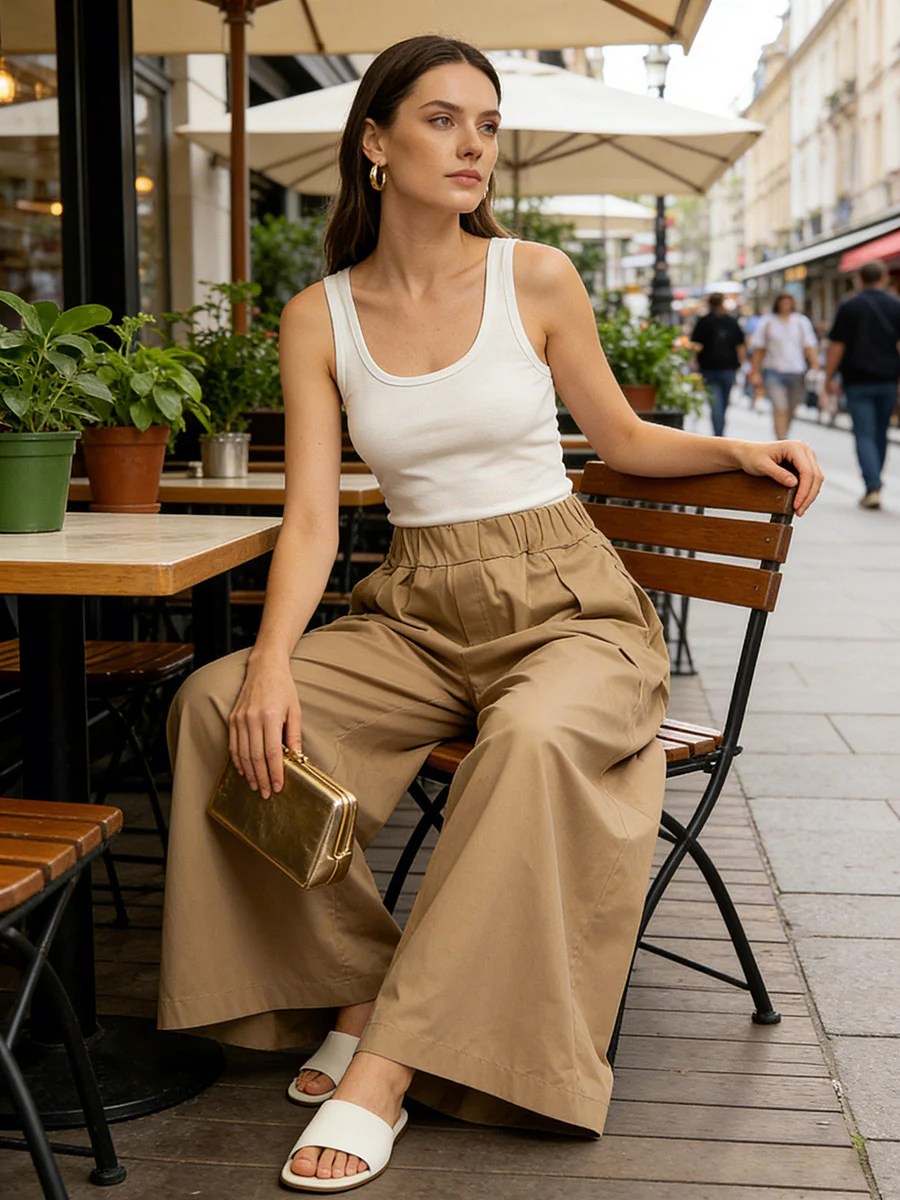 Elasticated Waist High Waisted Pleated Pockets Solid Color Pants - Image 2