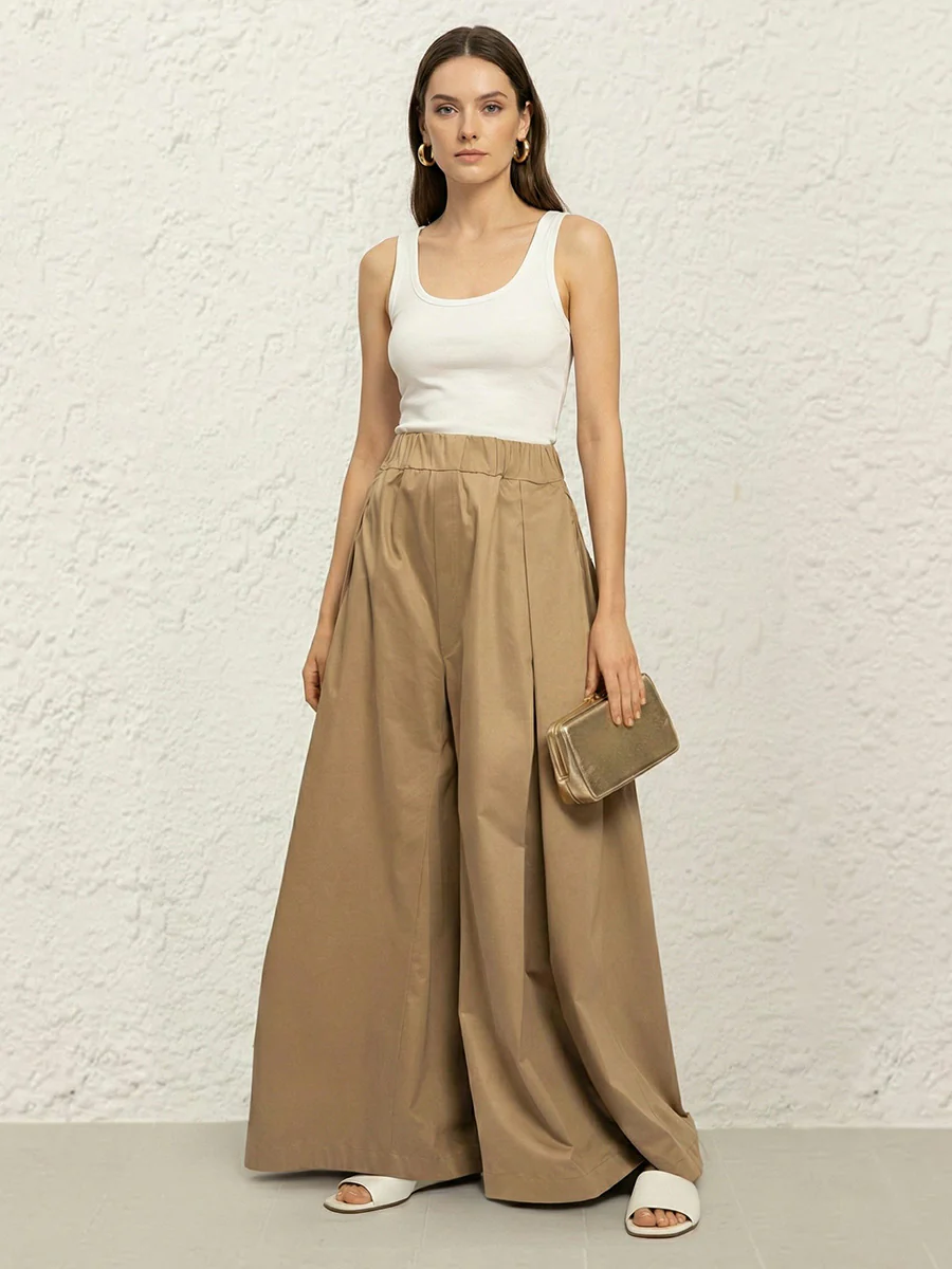 Elasticated Waist High Waisted Pleated Pockets Solid Color Pants - Image 3