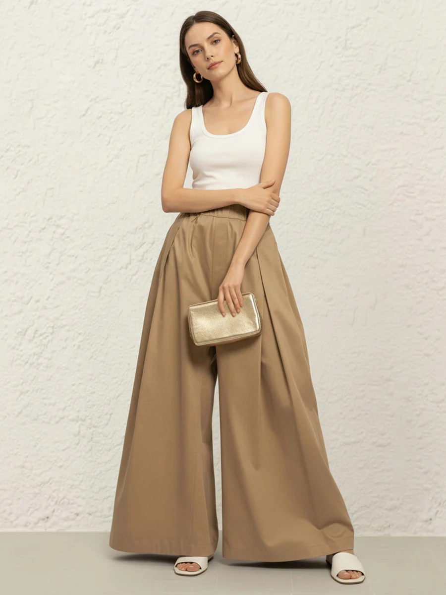Elasticated Waist High Waisted Pleated Pockets Solid Color Pants - Image 4