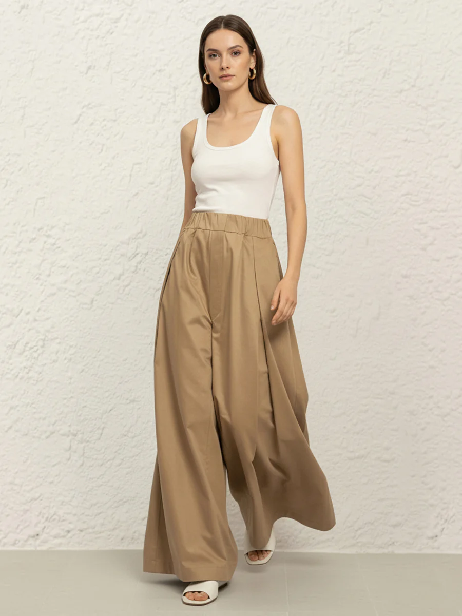 Elasticated Waist High Waisted Pleated Pockets Solid Color Pants - Image 5
