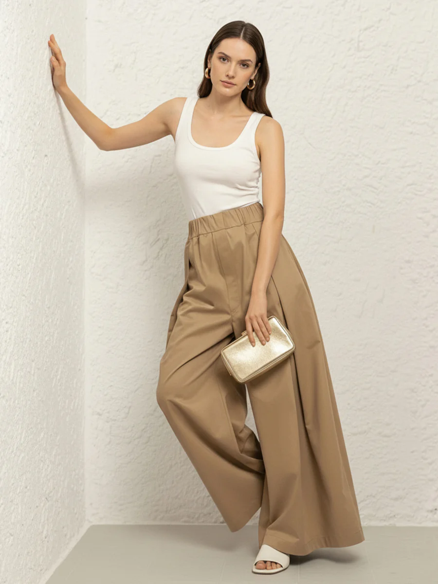 Elasticated Waist High Waisted Pleated Pockets Solid Color Pants - Image 6
