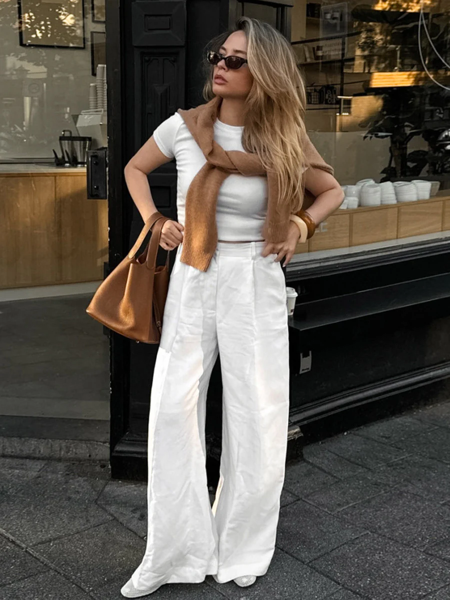 Elasticated Waist High Waisted Pleated Solid Color Split-Joint Pants - Image 7