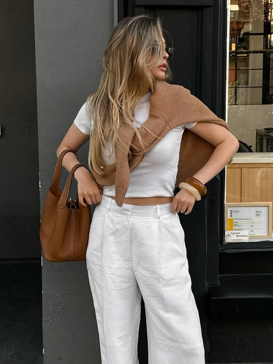 Elasticated Waist High Waisted Pleated Solid Color Split-Joint Pants - Image 9