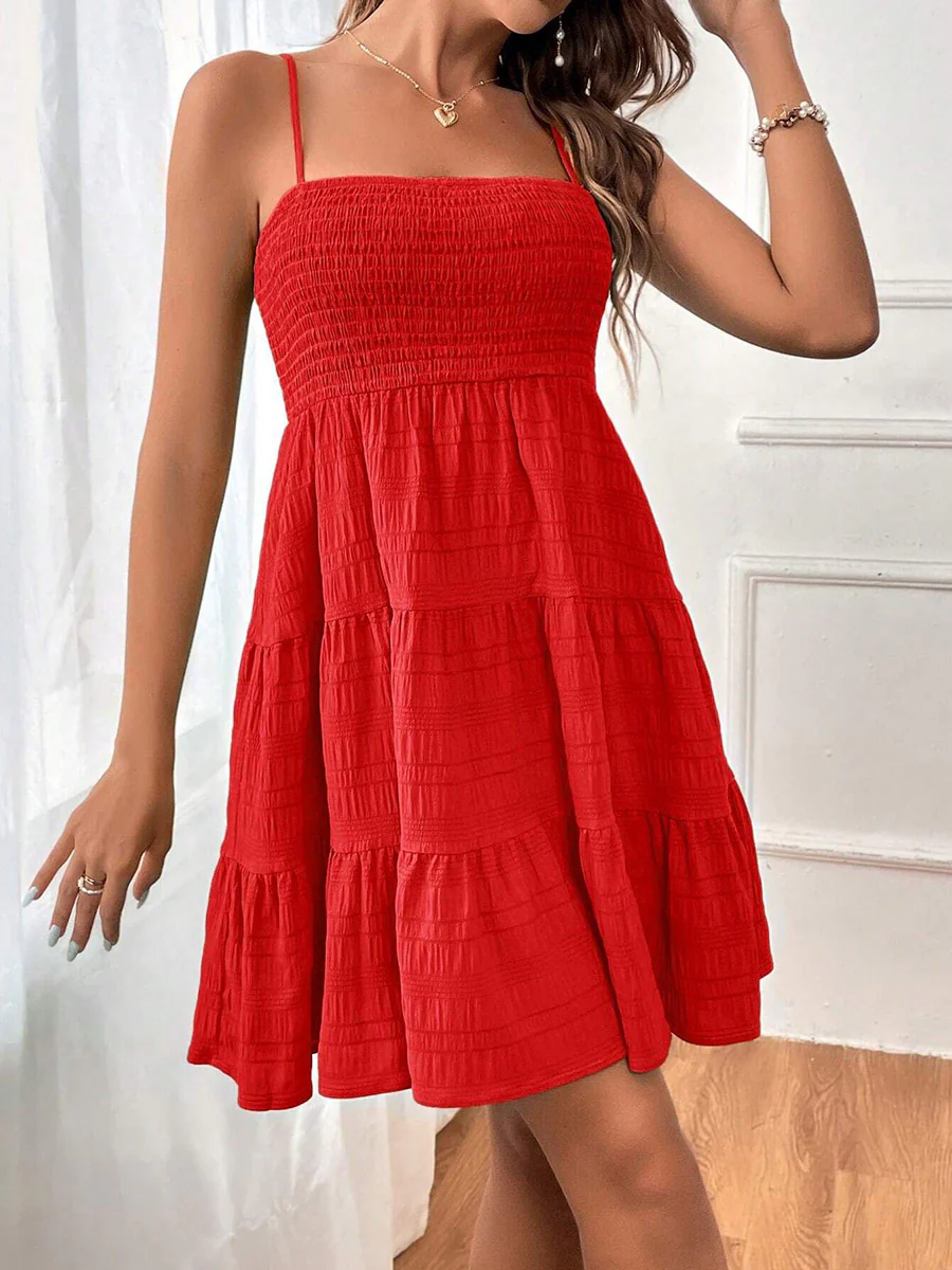 Elasticated Waist High Waisted Pleated Solid Color Split-Joint Spaghetti-Neck Mini Dresses - Image 10