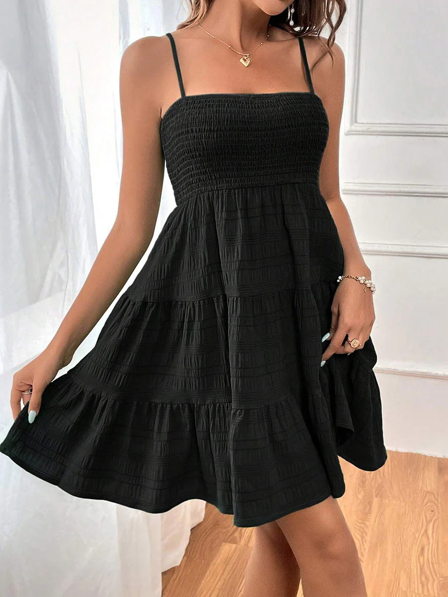 Elasticated Waist High Waisted Pleated Solid Color Split-Joint Spaghetti-Neck Mini Dresses - Image 13