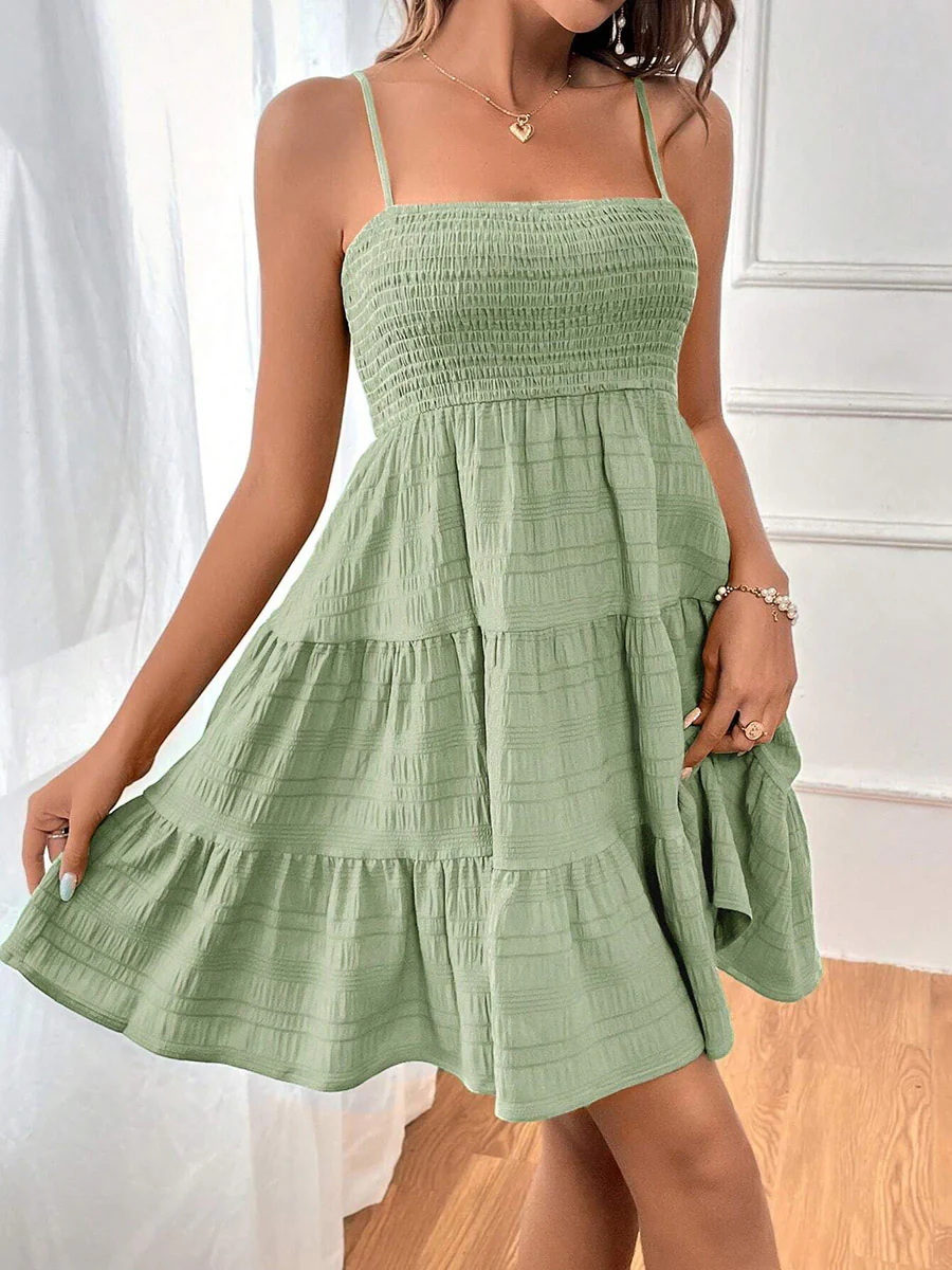 Elasticated Waist High Waisted Pleated Solid Color Split-Joint Spaghetti-Neck Mini Dresses - Image 15