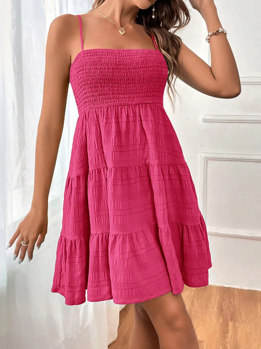 Elasticated Waist High Waisted Pleated Solid Color Split-Joint Spaghetti-Neck Mini Dresses - Image 16