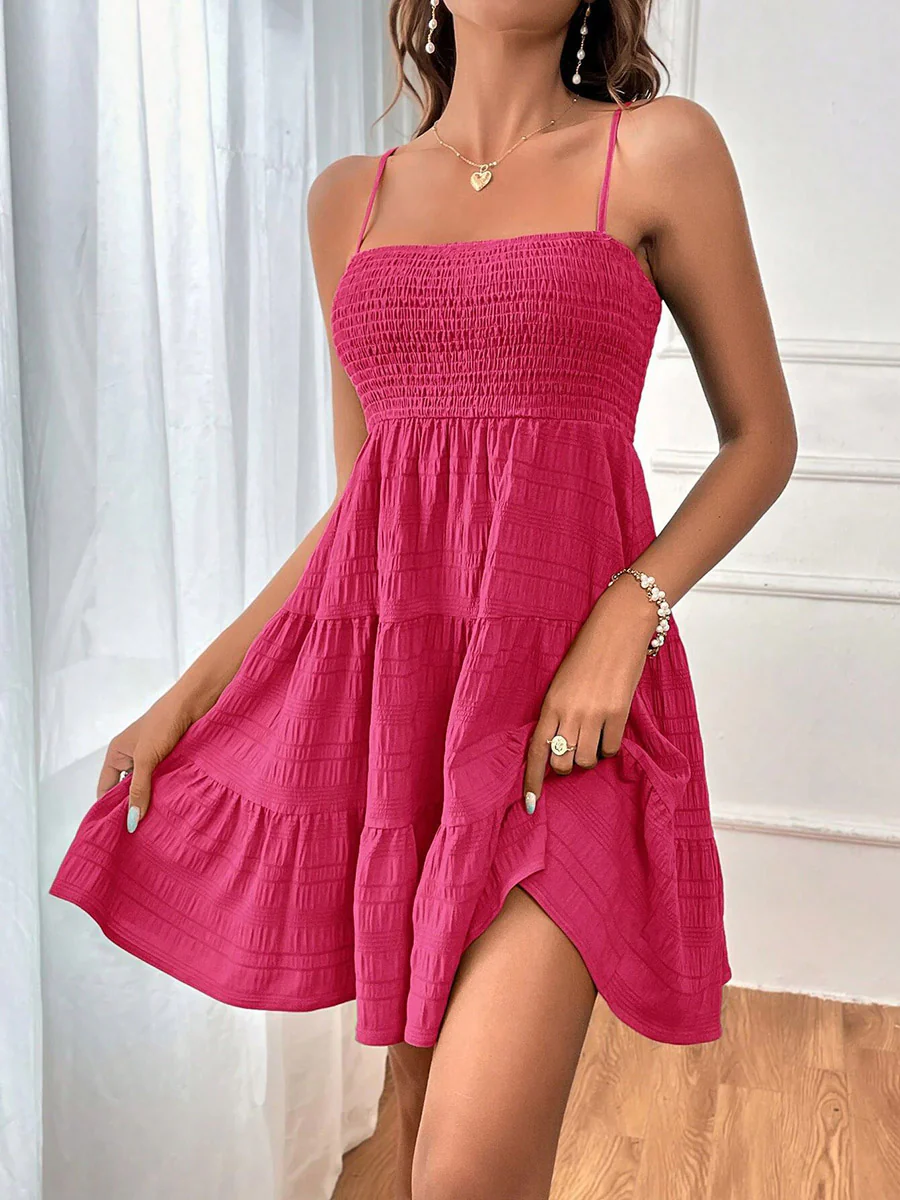 Elasticated Waist High Waisted Pleated Solid Color Split-Joint Spaghetti-Neck Mini Dresses - Image 17