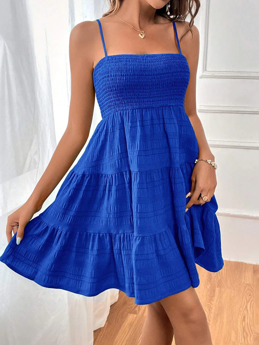 Elasticated Waist High Waisted Pleated Solid Color Split-Joint Spaghetti-Neck Mini Dresses - Image 18