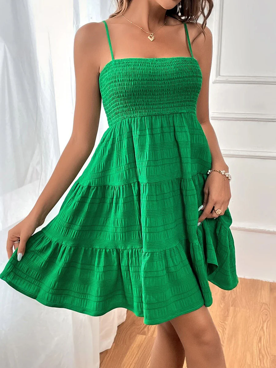 Elasticated Waist High Waisted Pleated Solid Color Split-Joint Spaghetti-Neck Mini Dresses - Image 21