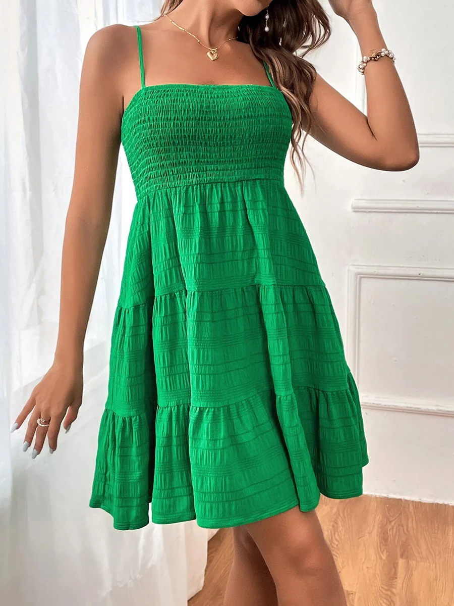 Elasticated Waist High Waisted Pleated Solid Color Split-Joint Spaghetti-Neck Mini Dresses - Image 22