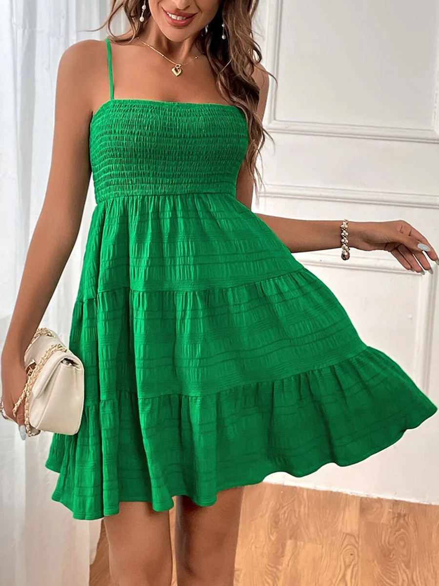 Elasticated Waist High Waisted Pleated Solid Color Split-Joint Spaghetti-Neck Mini Dresses - Image 23