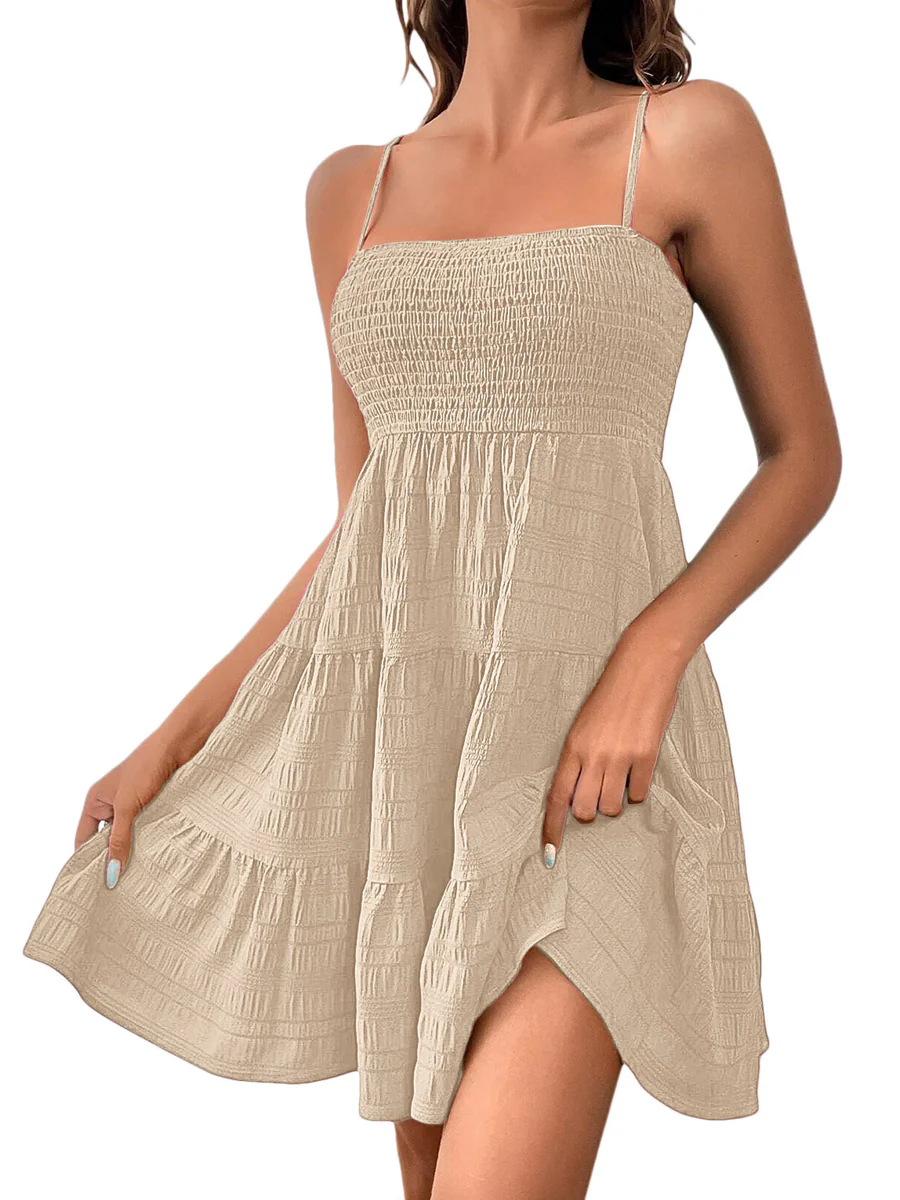Elasticated Waist High Waisted Pleated Solid Color Split-Joint Spaghetti-Neck Mini Dresses - Image 25