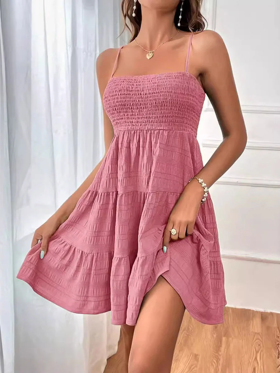 Elasticated Waist High Waisted Pleated Solid Color Split-Joint Spaghetti-Neck Mini Dresses - Image 3