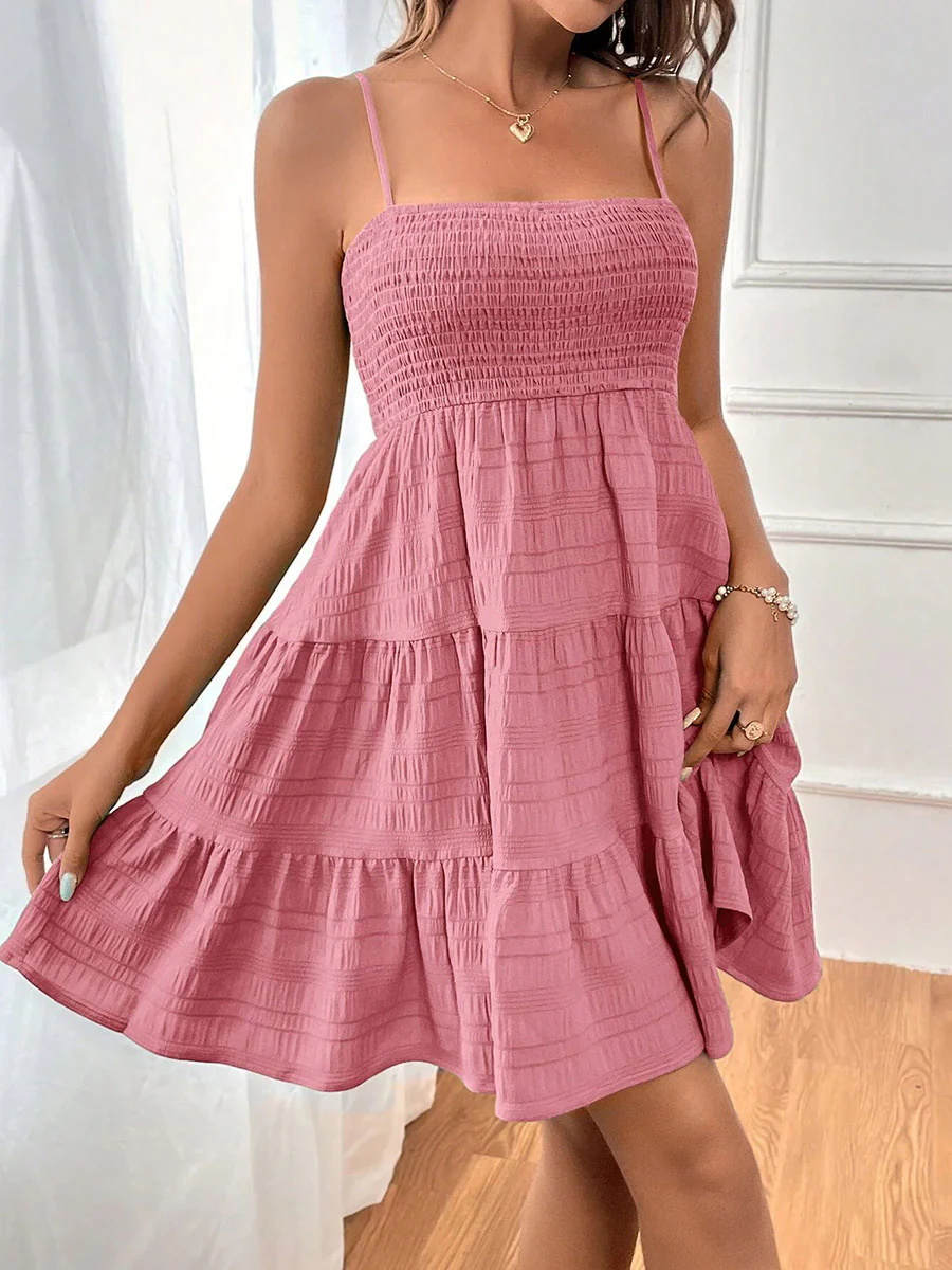 Elasticated Waist High Waisted Pleated Solid Color Split-Joint Spaghetti-Neck Mini Dresses - Image 4