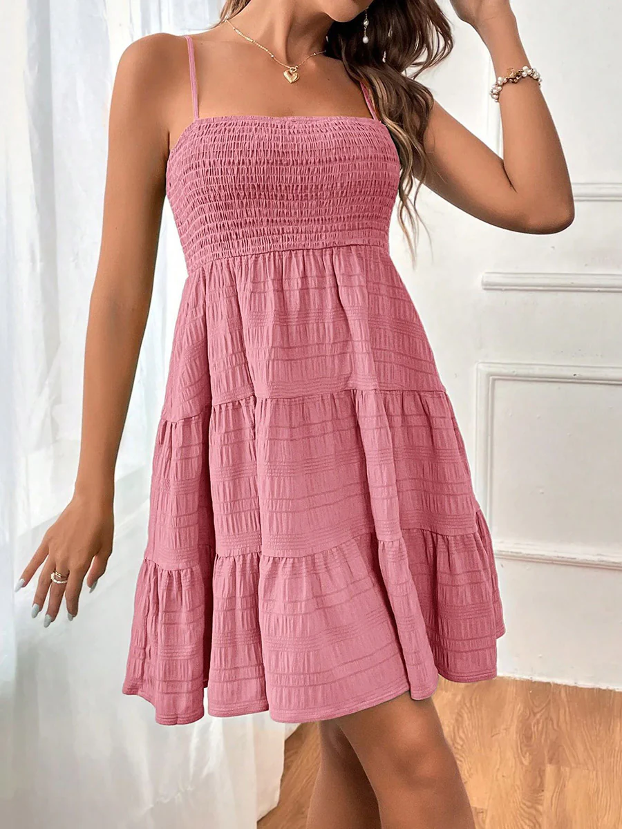 Elasticated Waist High Waisted Pleated Solid Color Split-Joint Spaghetti-Neck Mini Dresses - Image 5